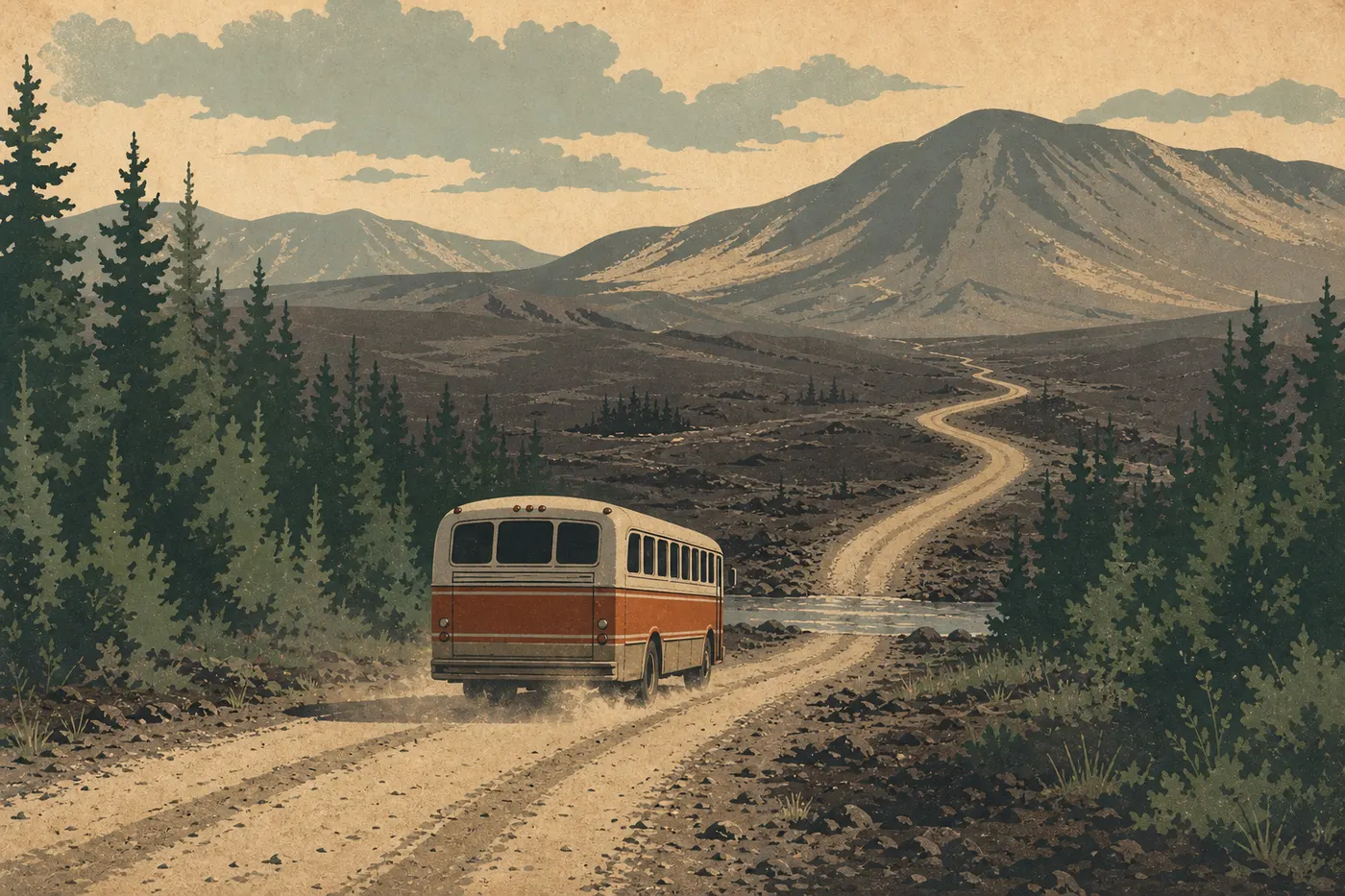 Illustration sérigraphiée : Le bus de Brooks Camp parcourt la piste de cendres menant à la vallée des Dix Mille Fumées.