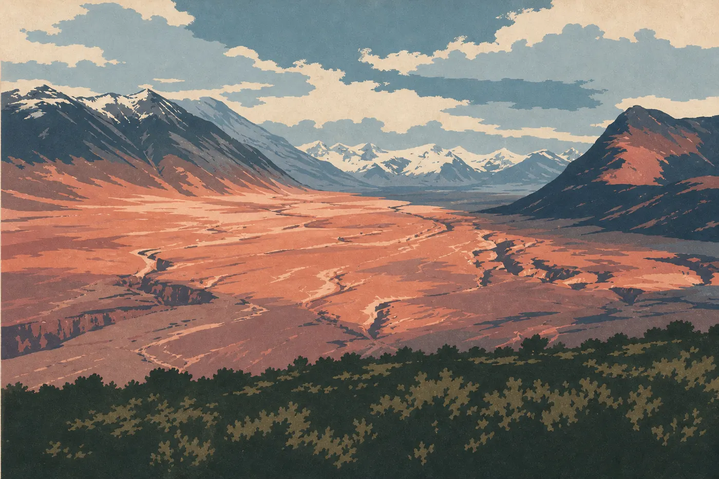 Illustration sérigraphiée : La vallée des Dix Mille Fumées déploie ses étendues de cendres sous les reliefs volcaniques de Katmai.
