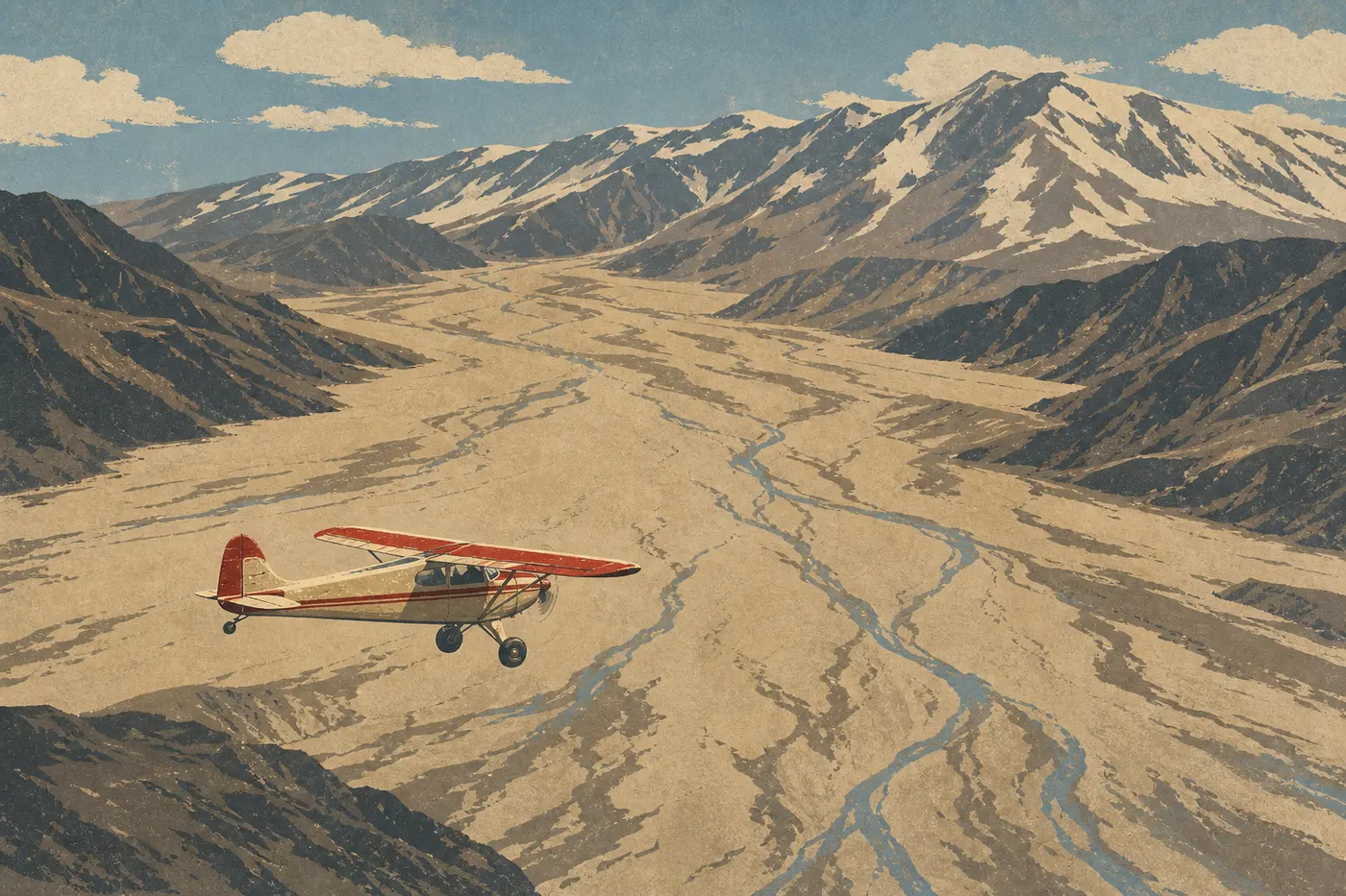 Illustration sérigraphiée : Un petit avion survole la vallée des Dix Mille Fumées et les sommets volcaniques de la chaîne Aléoutienne.
