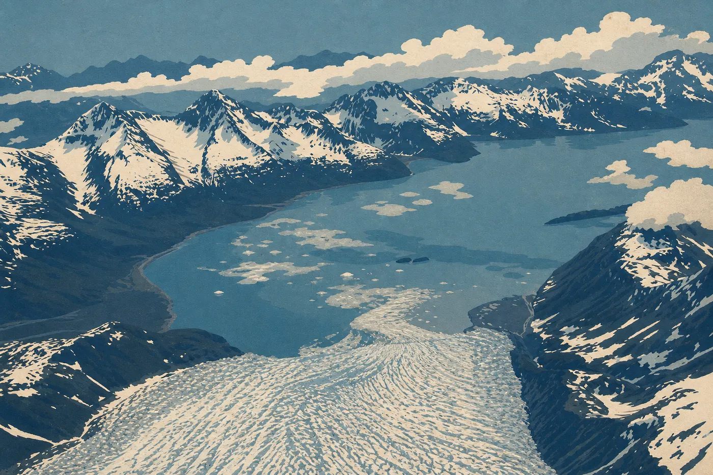 Illustration sérigraphiée : Aialik Glacier ferme le fond de sa baie, entouré de falaises sombres et de blocs de glace flottants.