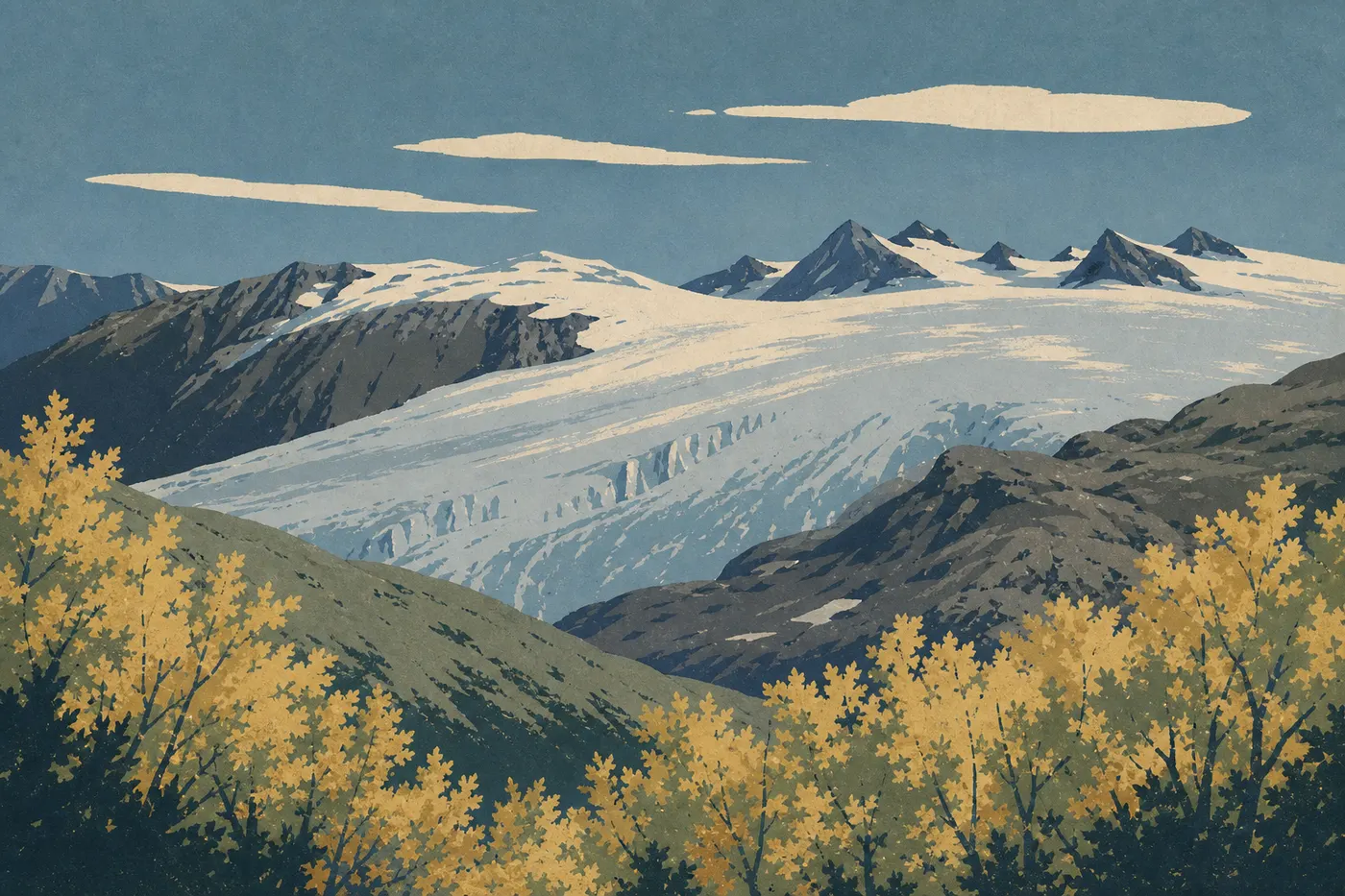 Screen-printed illustration: Yellow foliage in Exit Glacier Valley frames the glacier tongue in early autumn.