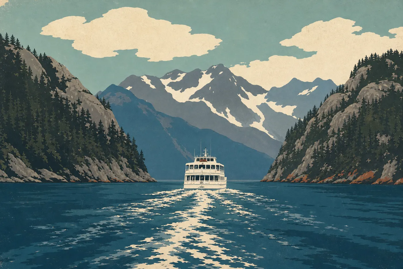 Illustration sérigraphiée : Un bateau d’excursion quitte Resurrection Bay vers les fjords glaciaires, entre caps rocheux et sommets enneigés.