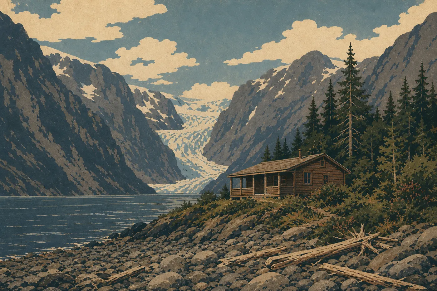 Illustration sérigraphiée : Holgate Public Use Cabin se dresse au bord du fjord, isolée entre plage sauvage et forêt côtière.