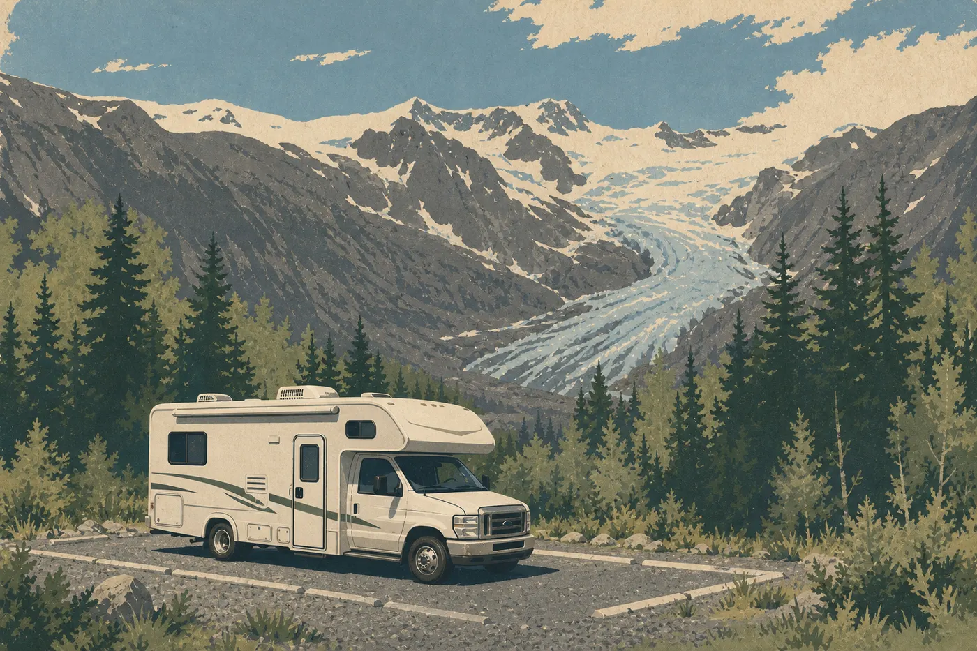 Illustration sérigraphiée : Un camping-car stationne de jour près du secteur d’Exit Glacier, avec les sommets glaciaires en arrière-plan.