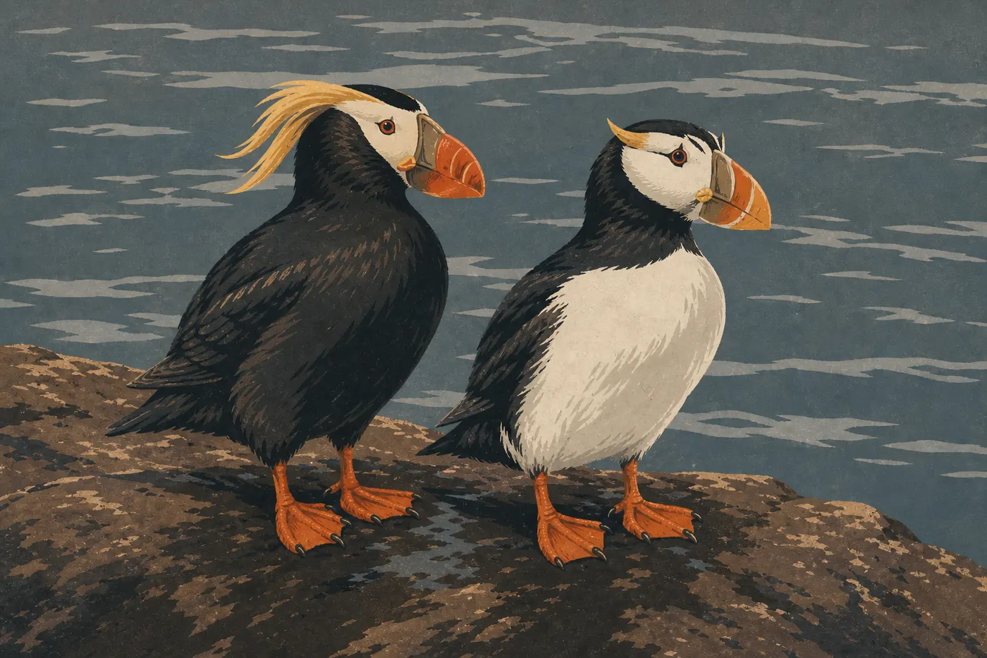 Illustration sérigraphiée : Un macareux huppé et un macareux cornu côte à côte révèlent leurs plumages et becs distinctifs.