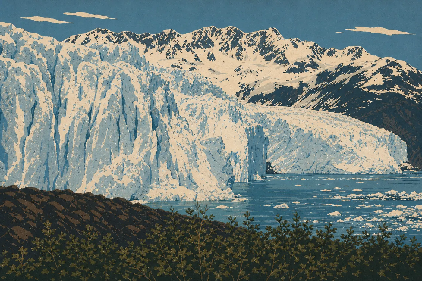 Illustration sérigraphiée : Sous la lumière estivale, Aialik Glacier se reflète dans une baie parsemée de glace turquoise.