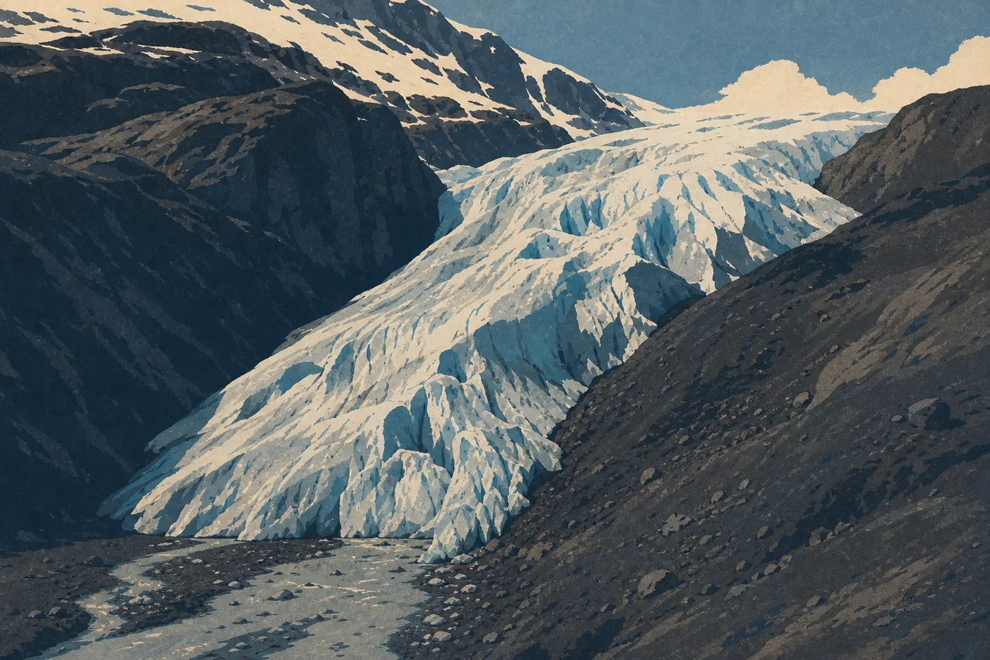 Illustration sérigraphiée : Le front bleuté d’Exit Glacier descend entre les versants rocheux de la vallée glaciaire.