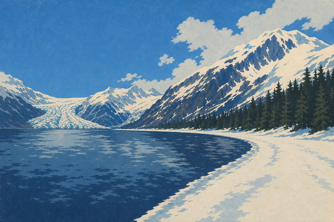 Screen-printed illustration: Exit Glacier and its valley disappear beneath winter snow, between dark spruce trees and white slopes.