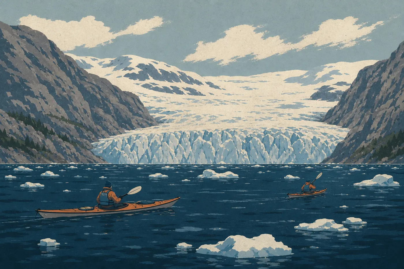 Illustration sérigraphiée : Deux kayakistes avancent parmi les petits icebergs d’Aialik Bay en gardant leurs distances avec le glacier.