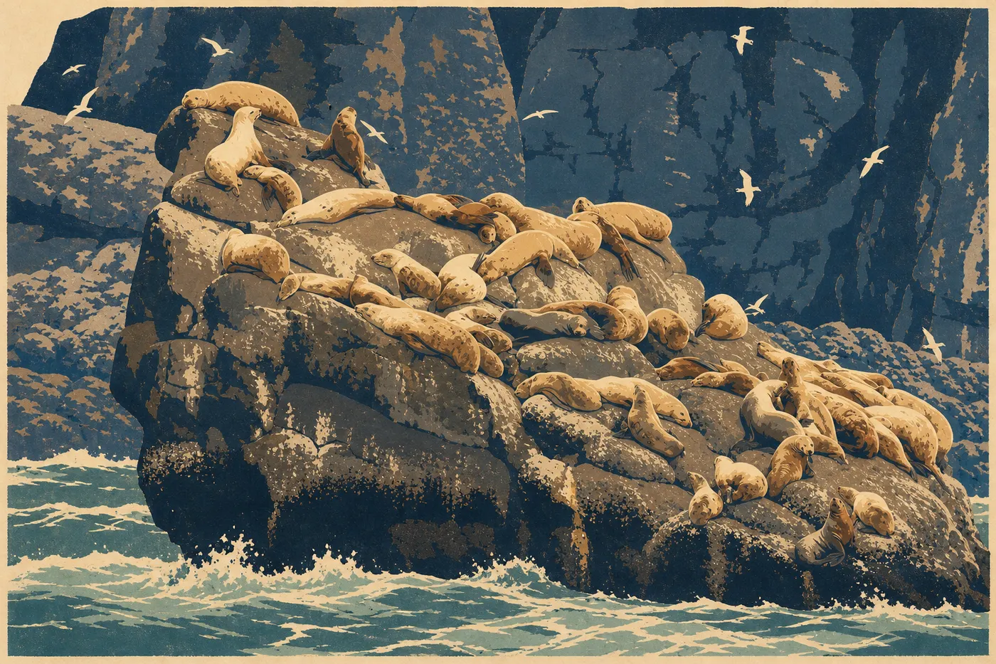 Screen-printed illustration: Steller sea lions occupy the wave-battered rocks of the Chiswell Islands.