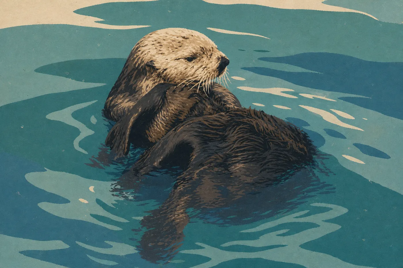 Screen-printed illustration: A sea otter floats on its back in Resurrection Bay with its paws resting on its chest.