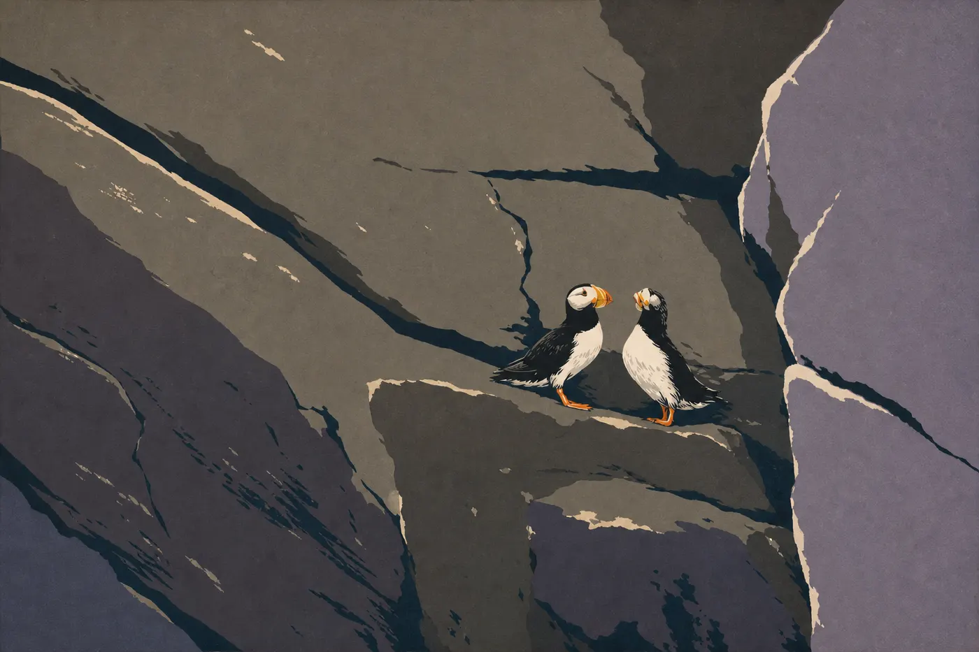 Screen-printed illustration: A tufted puffin with an orange bill stands on a rocky ledge in the Chiswell Islands.