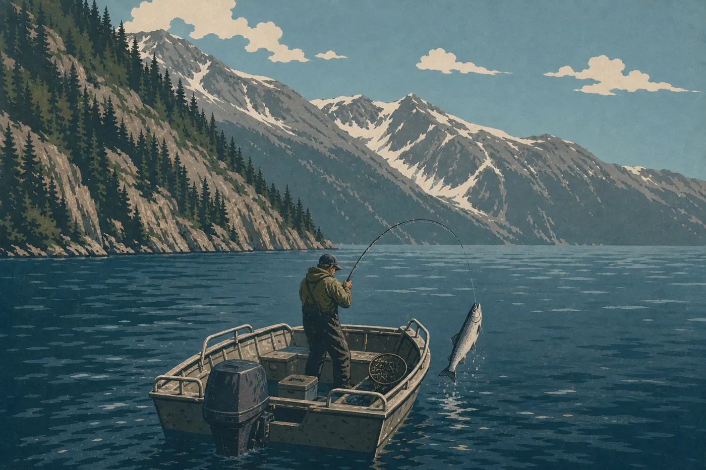Illustration sérigraphiée : Un pêcheur remonte un saumon depuis une petite embarcation dans les eaux profondes de Resurrection Bay.