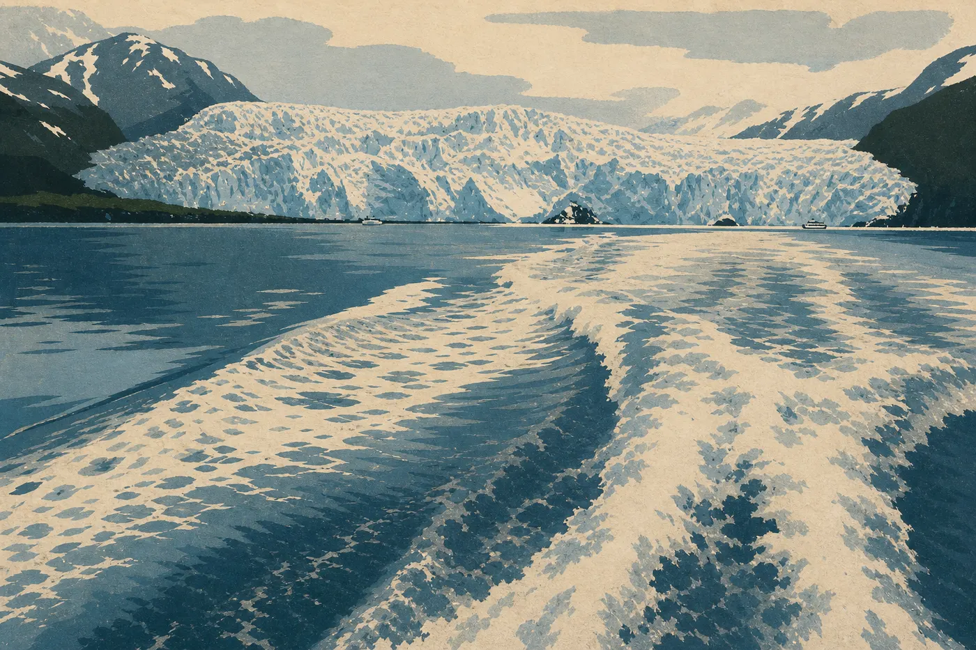 Screen-printed illustration: Resurrection Bay in spring combines dark water, still-snowy peaks, and the first tour boats.