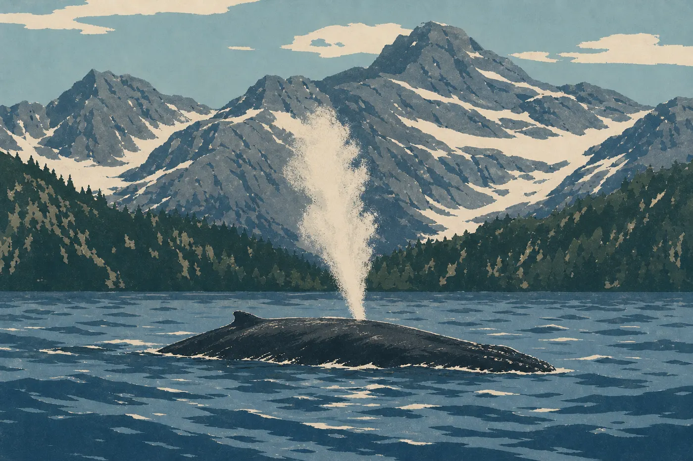 Illustration sérigraphiée : Une baleine à bosse émerge dans Resurrection Bay devant les montagnes enneigées de la péninsule de Kenai.