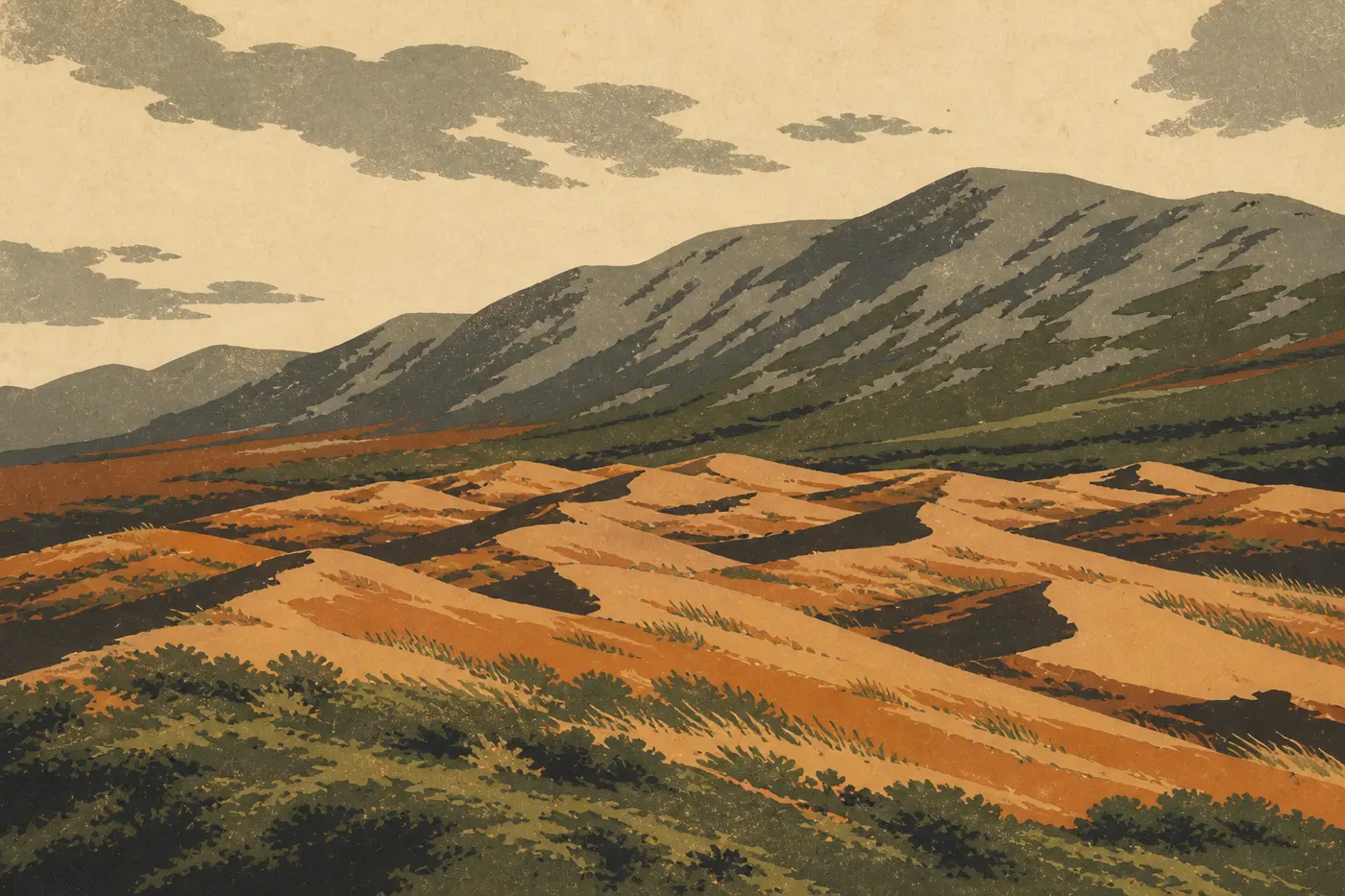 Screen-printed illustration: The dunes along Hunt River spread their colorful ridges at the foot of the rugged southern mountains.