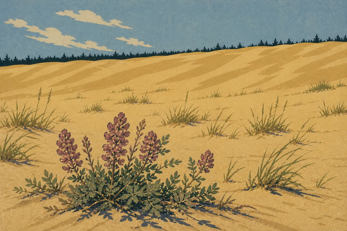 Screen-printed illustration: In summer, Kobuk grasses and milkvetch bloom on the sandy slopes bordering the great dunes.