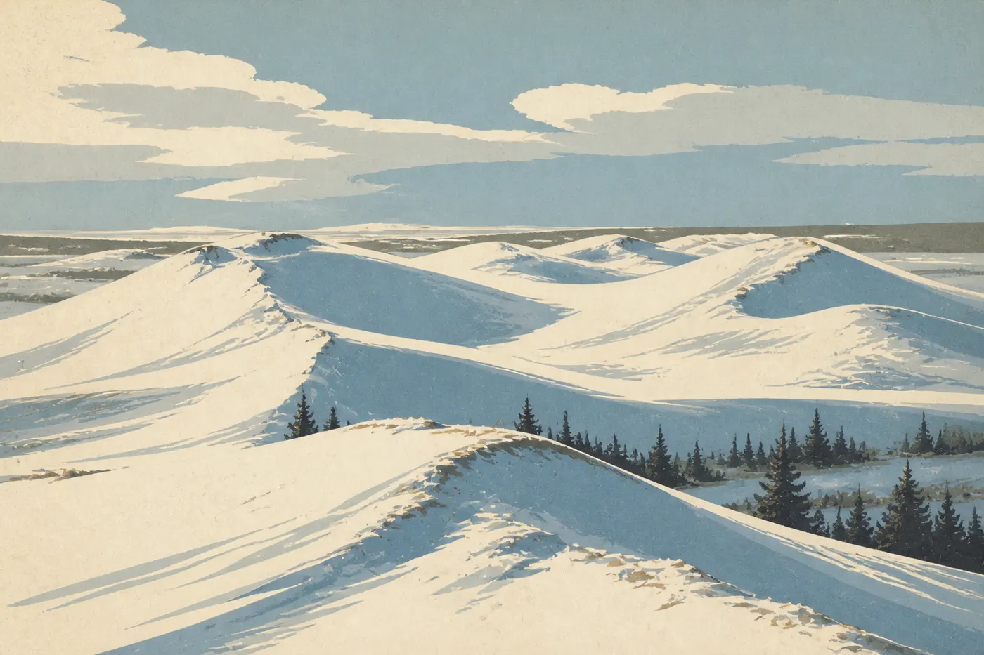 Screen-printed illustration: The Great Kobuk Sand Dunes disappear beneath winter snow under a pale Arctic sky.