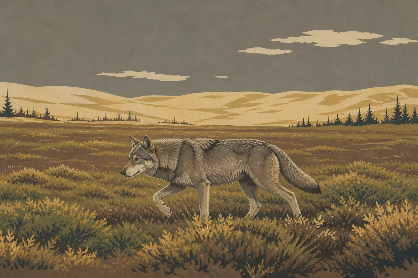 Illustration sérigraphiée : Un loup gris avance dans la toundra de Kobuk Valley, avec les dunes arctiques en arrière-plan.