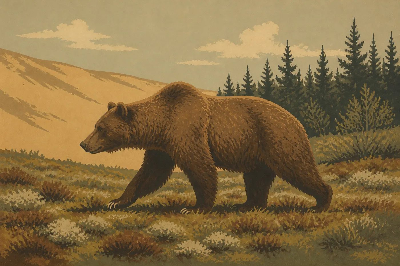Screen-printed illustration: A brown bear crosses the open tundra along the edge of the dunes and Kobuk Valley's forest.