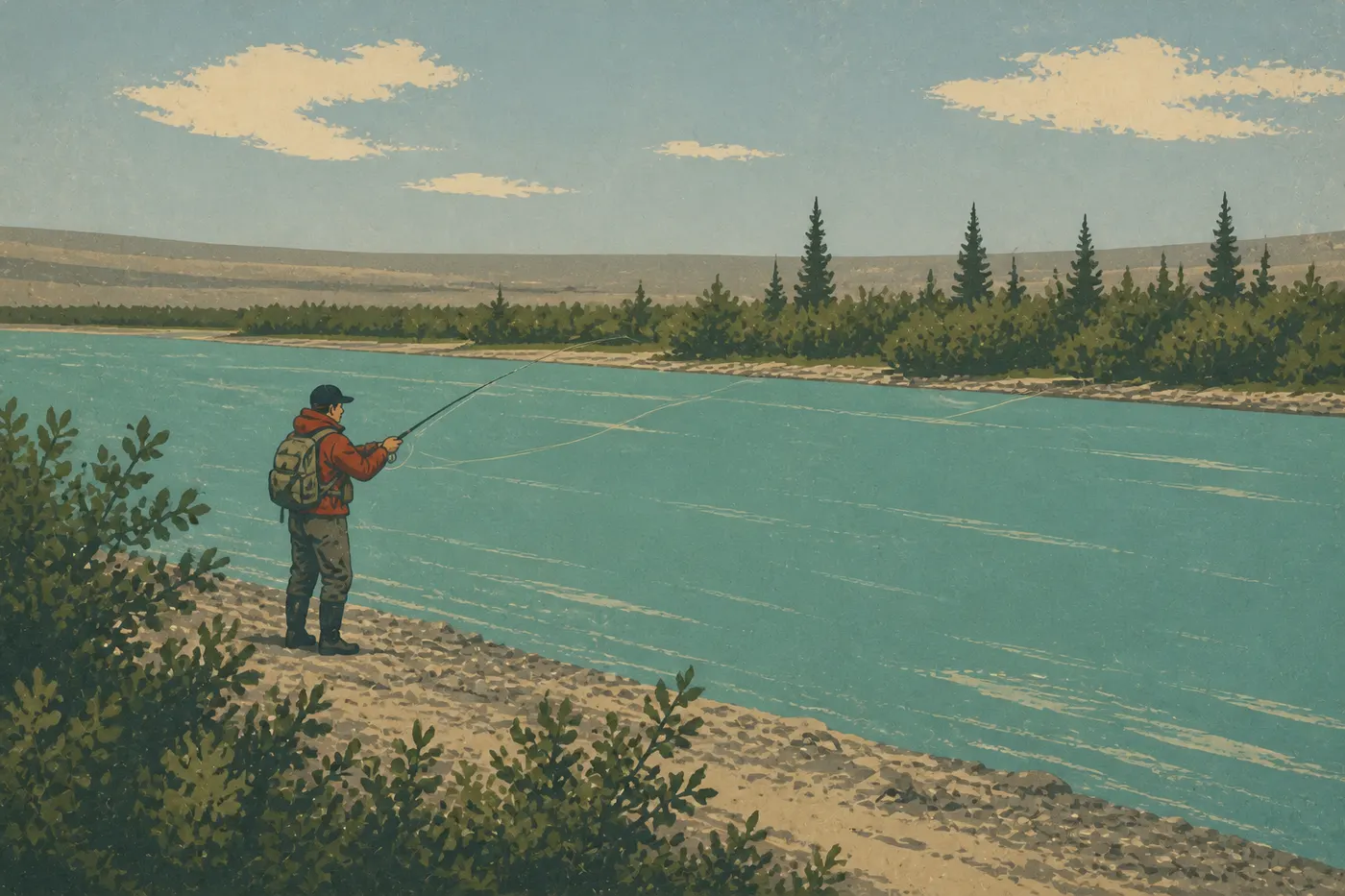Illustration sérigraphiée : Un pêcheur lance sa ligne depuis une berge sauvage de la rivière Kobuk, habitat du sheefish arctique.