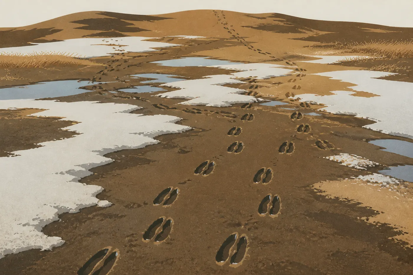 Screen-printed illustration: In spring, caribou tracks mark the wet sand and patches of snow on the dunes.