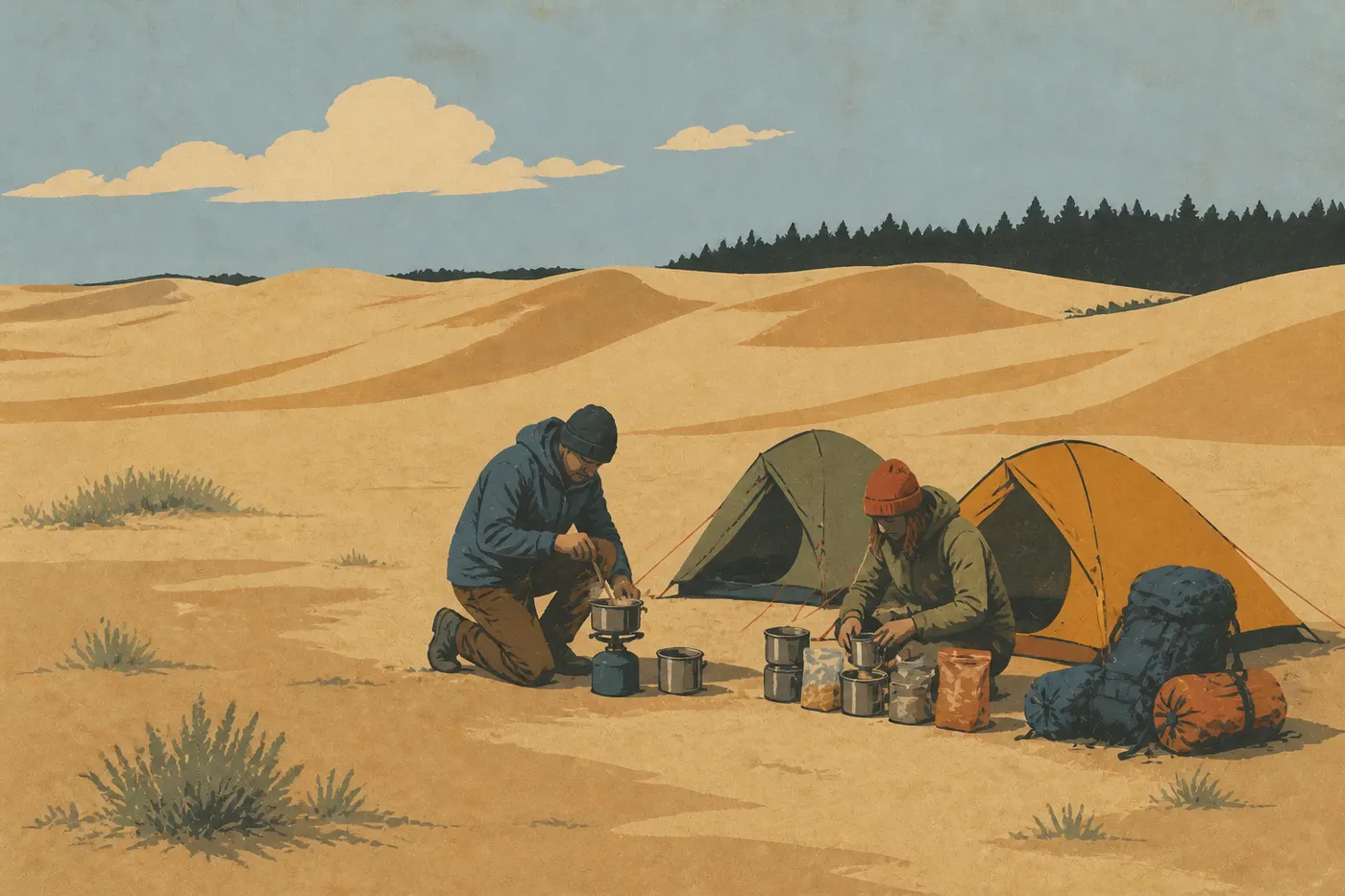 Illustration sérigraphiée : Des voyageurs préparent leur repas près des tentes sur les Grandes Dunes de Kobuk, sans aucun aménagement.