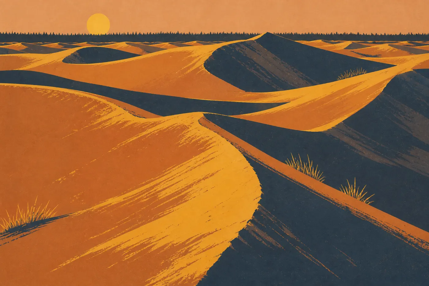 Illustration sérigraphiée : Le soleil de minuit rase les crêtes des Grandes Dunes de Kobuk et allonge leurs ombres graphiques.