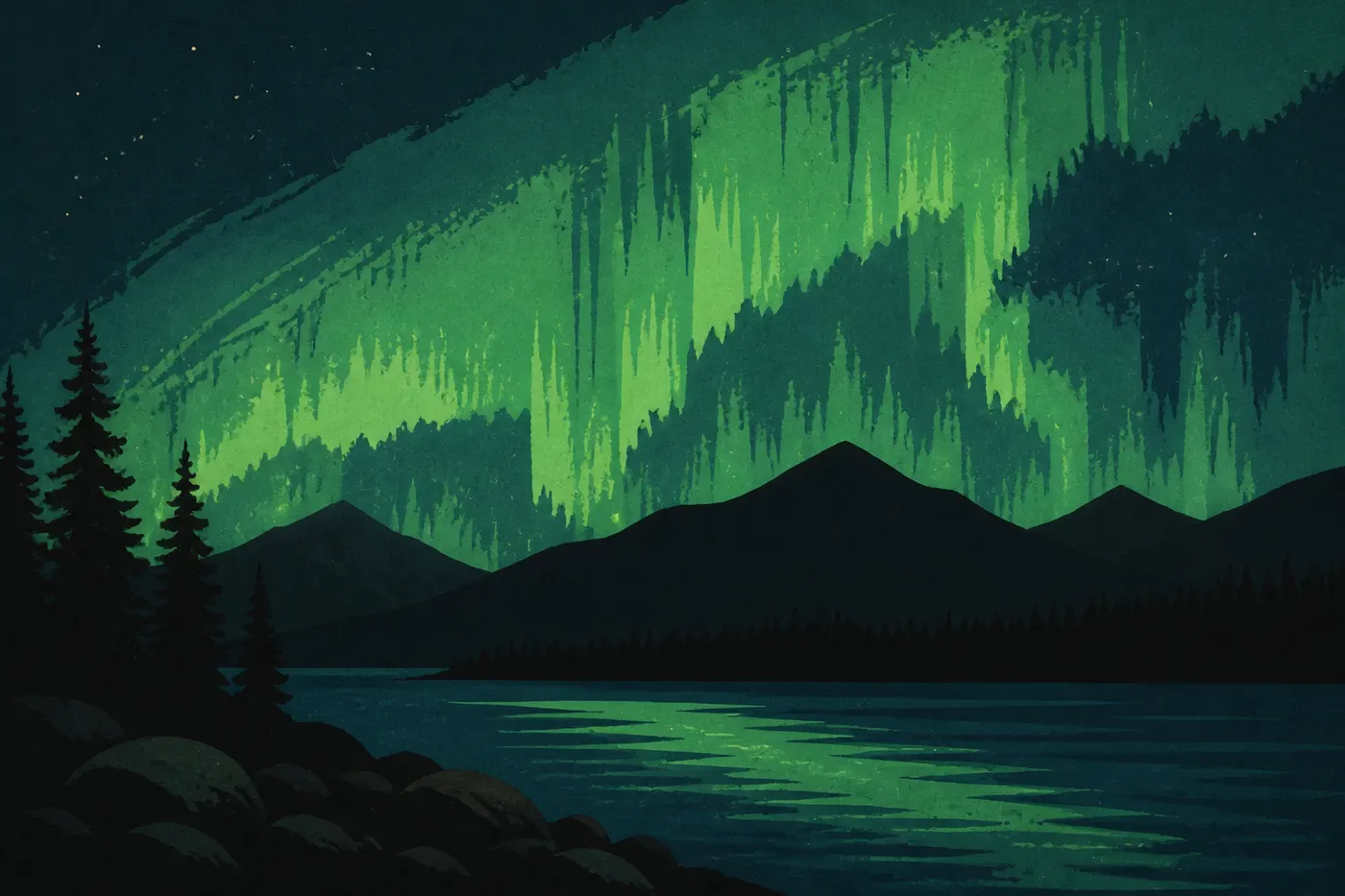 Illustration sérigraphiée : Une aurore boréale verte se déploie au-dessus du lac Clark et des silhouettes de conifères.