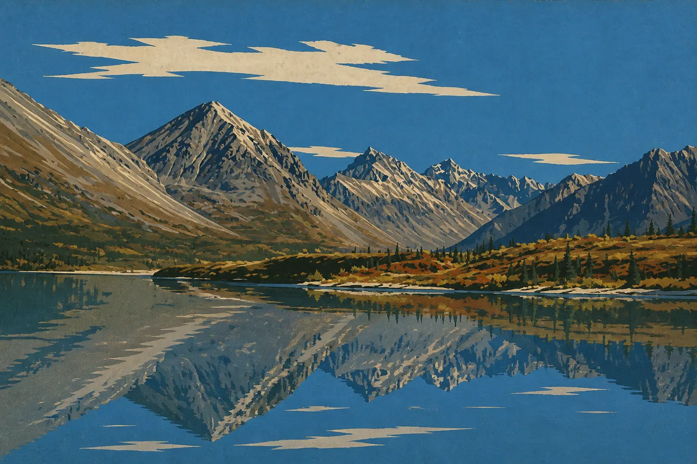 Illustration sérigraphiée : La toundra rouge et dorée entoure Twin Lakes sous les premières neiges de l’automne alaskien.
