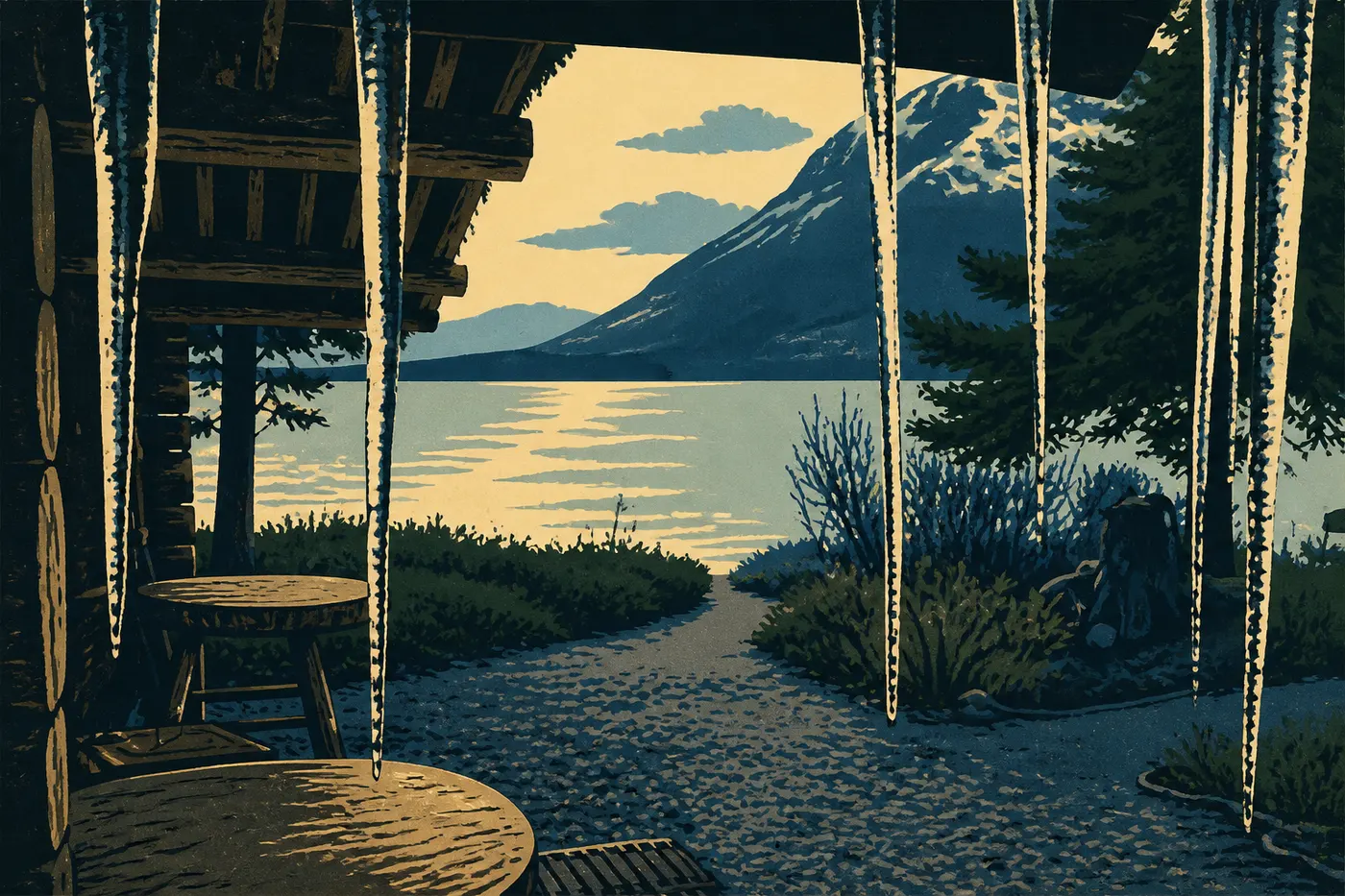 Illustration sérigraphiée : La cabane publique de Priest Rock surplombe le lac Clark, avec son porche et ses montagnes isolées.