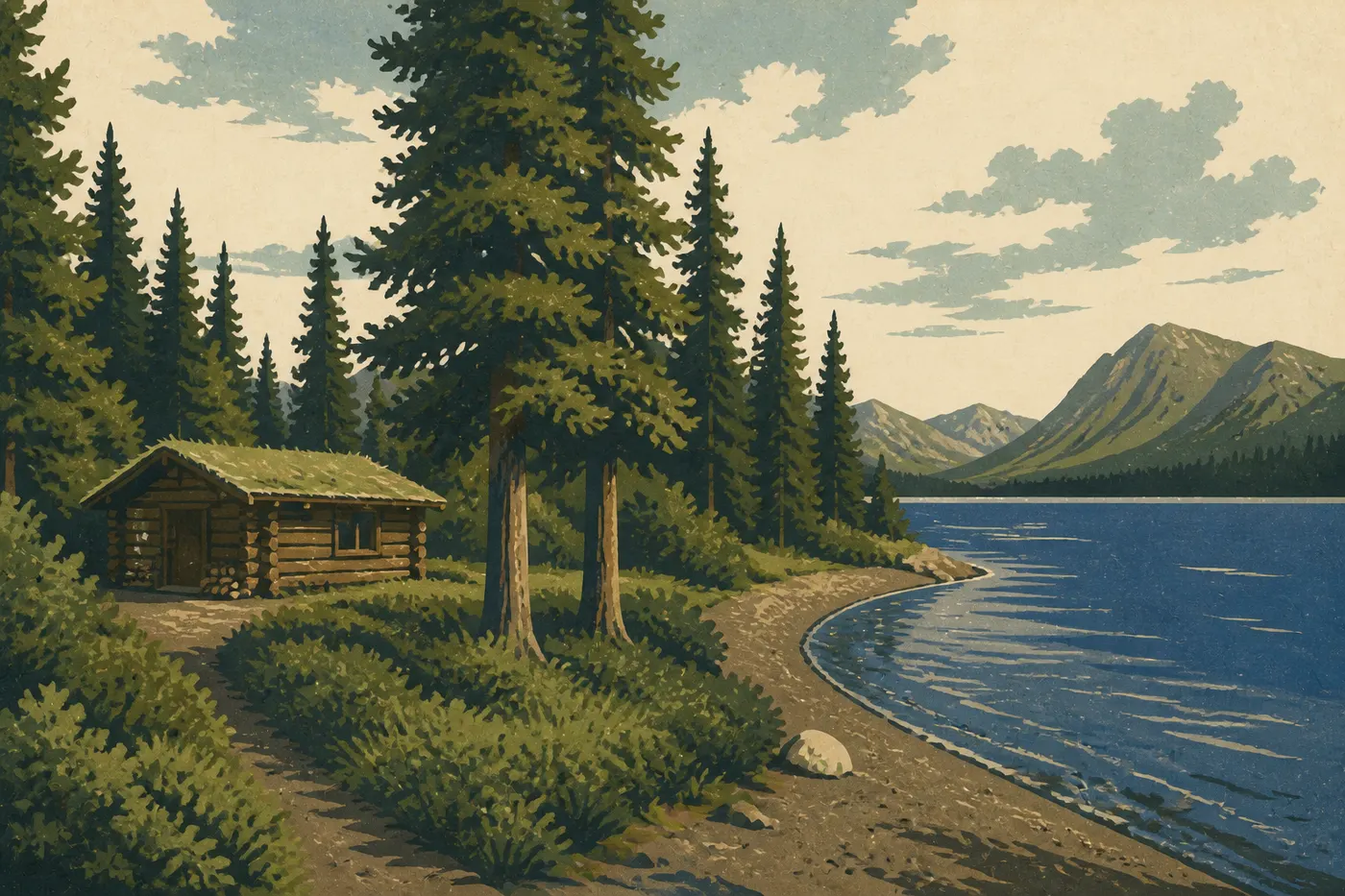 Illustration sérigraphiée : La cabane en rondins de Richard Proenneke domine la rive sauvage d’Upper Twin Lake.