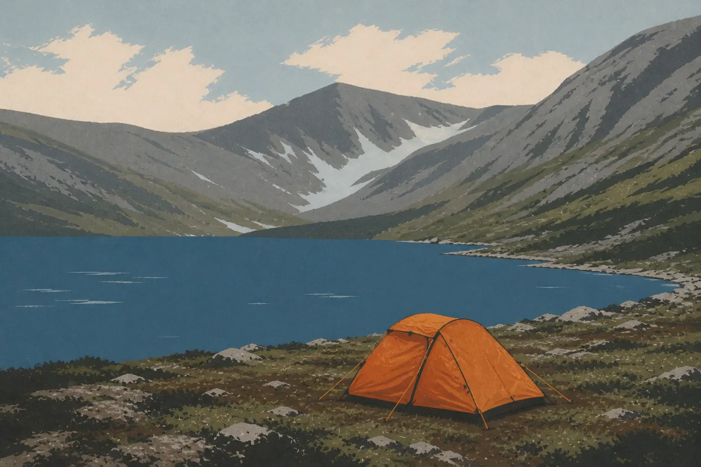 Illustration sérigraphiée : Une petite tente de randonnée se dresse près d’Upper Twin Lake face aux montagnes sans routes.