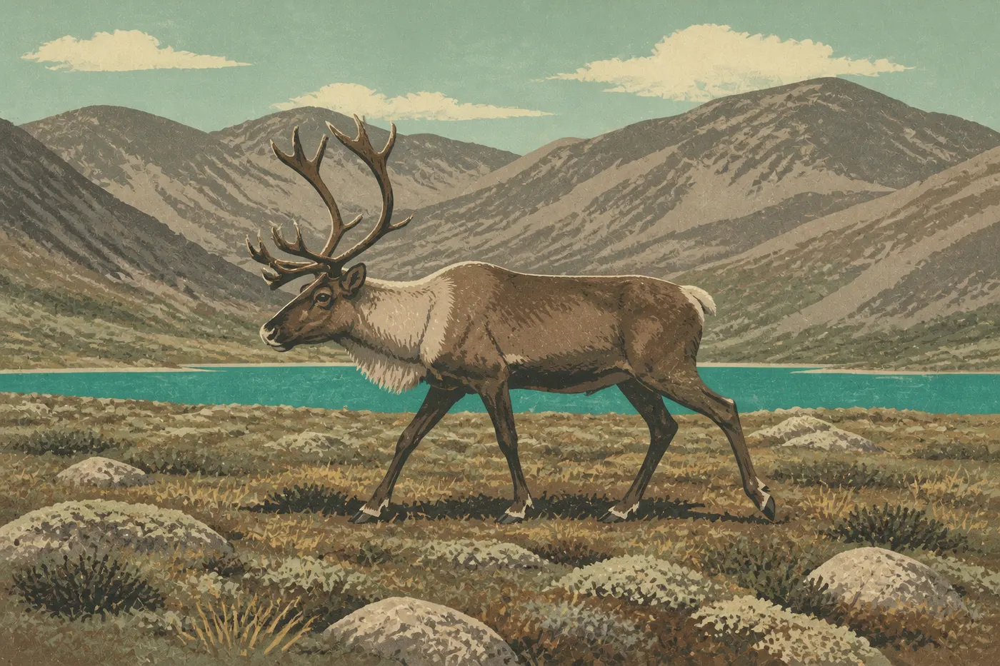 Illustration sérigraphiée : Un caribou traverse la toundra ouverte près de Turquoise Lake devant une chaîne de montagnes pâles.