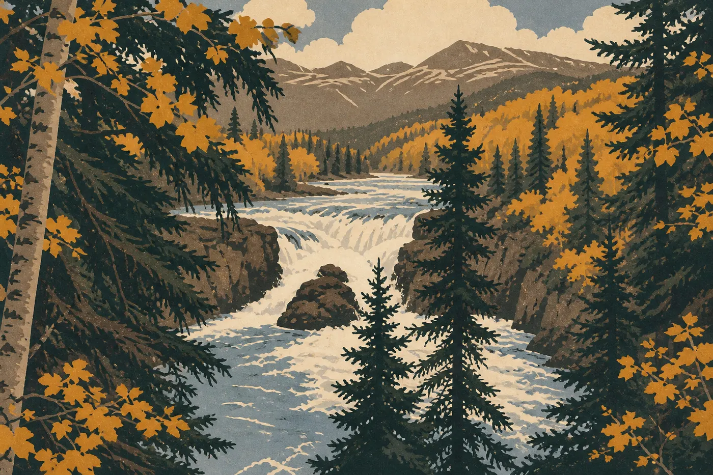 Illustration sérigraphiée : Les eaux glaciaires de Tanalian Falls plongent sur une ancienne falaise de lave bordée d’épicéas.
