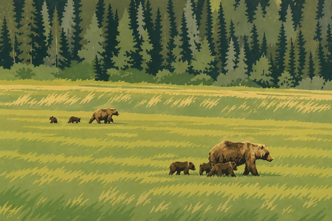 Screen-printed illustration: Several brown bears graze in the green meadows of Chinitna Bay during the height of summer.