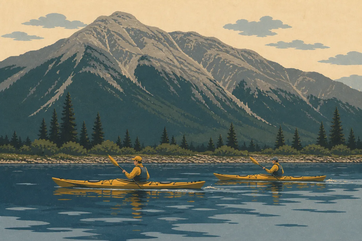 Illustration sérigraphiée : Deux kayakistes longent la rive montagneuse du lac Clark sur une eau calme aux reflets bleus.