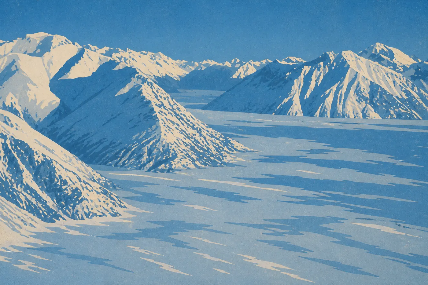 Screen-printed illustration: The frozen surface of Clark Lake stretches beneath white mountains in the low winter light.