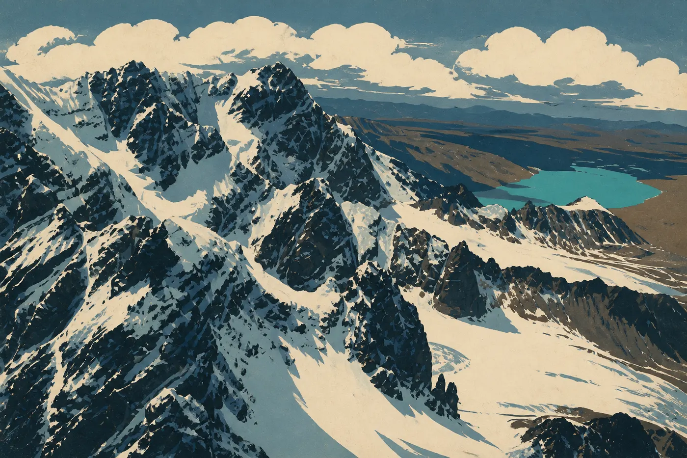 Illustration sérigraphiée : Les eaux turquoise de Turquoise Lake serpentent entre toundra rousse et montagnes encore enneigées.