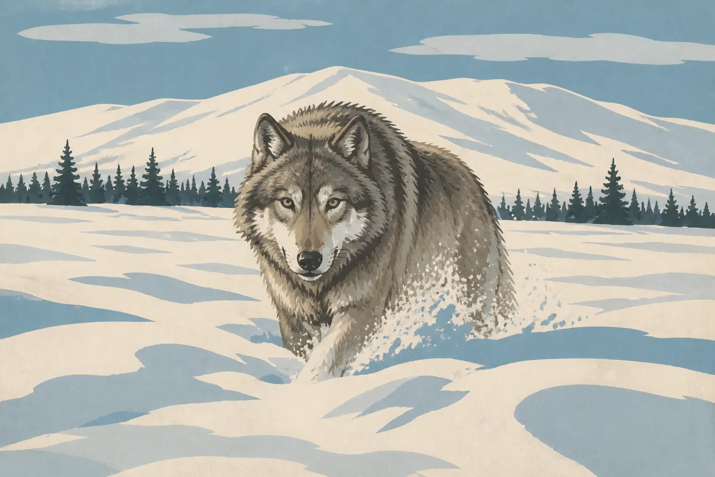 Illustration sérigraphiée : Un loup gris avance dans la neige profonde de l’intérieur de Lake Clark en plein hiver.