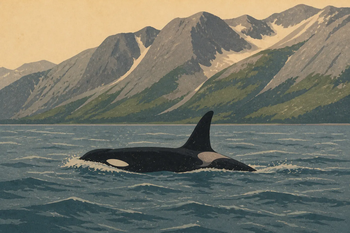 Illustration sérigraphiée : Une orque fend les eaux du Cook Inlet devant les montagnes côtières de Lake Clark.