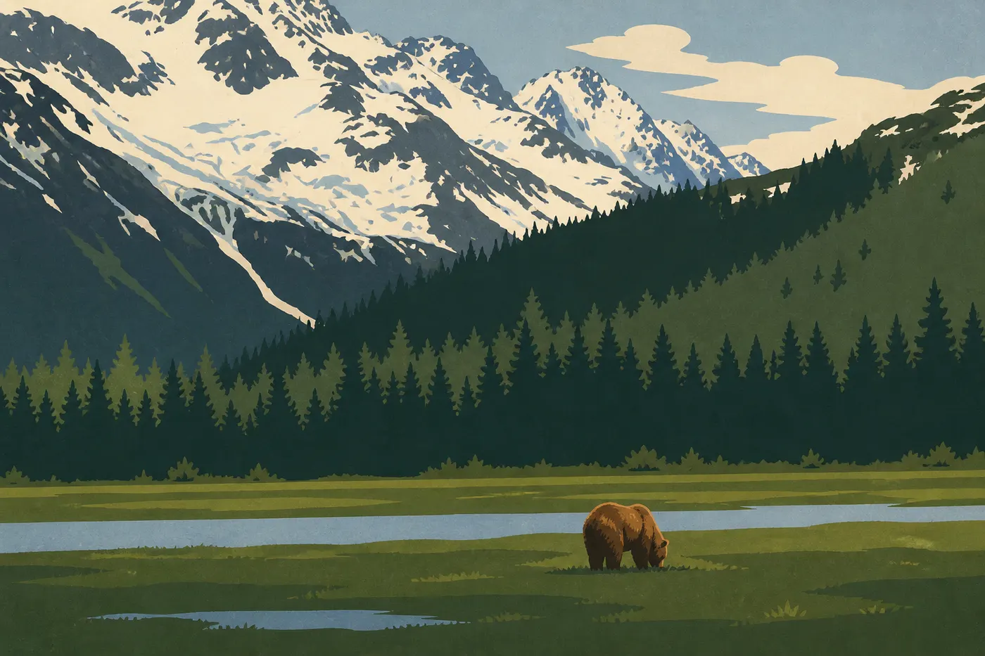 Illustration sérigraphiée : Un ours brun fouille l’estran de Chinitna Bay devant les sommets enneigés du Cook Inlet.