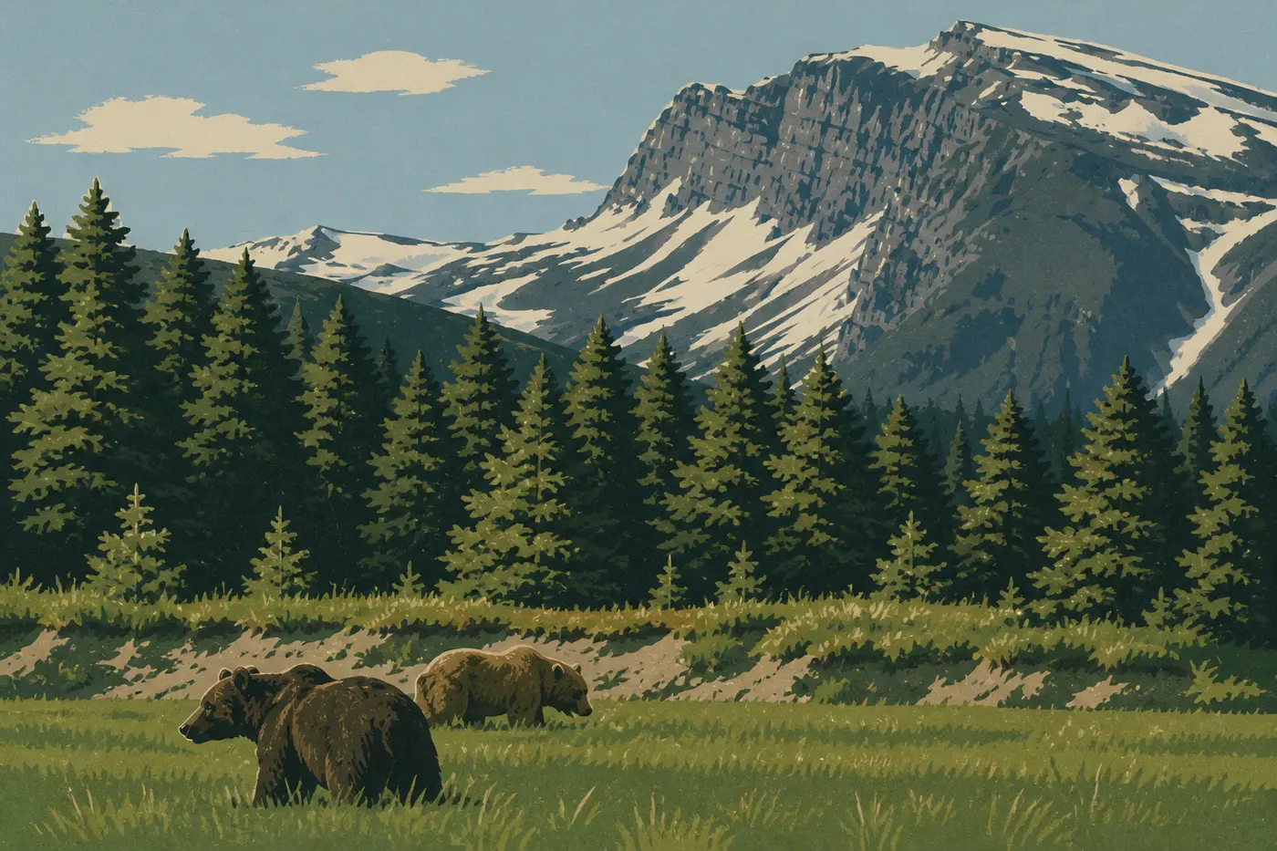 Illustration sérigraphiée : Un ours noir et un ours brun illustrent leurs silhouettes distinctes dans les habitats de Lake Clark.