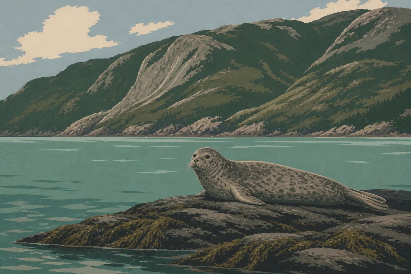 Illustration sérigraphiée : Un phoque commun repose sur un banc rocheux du Cook Inlet au pied de la côte montagneuse.