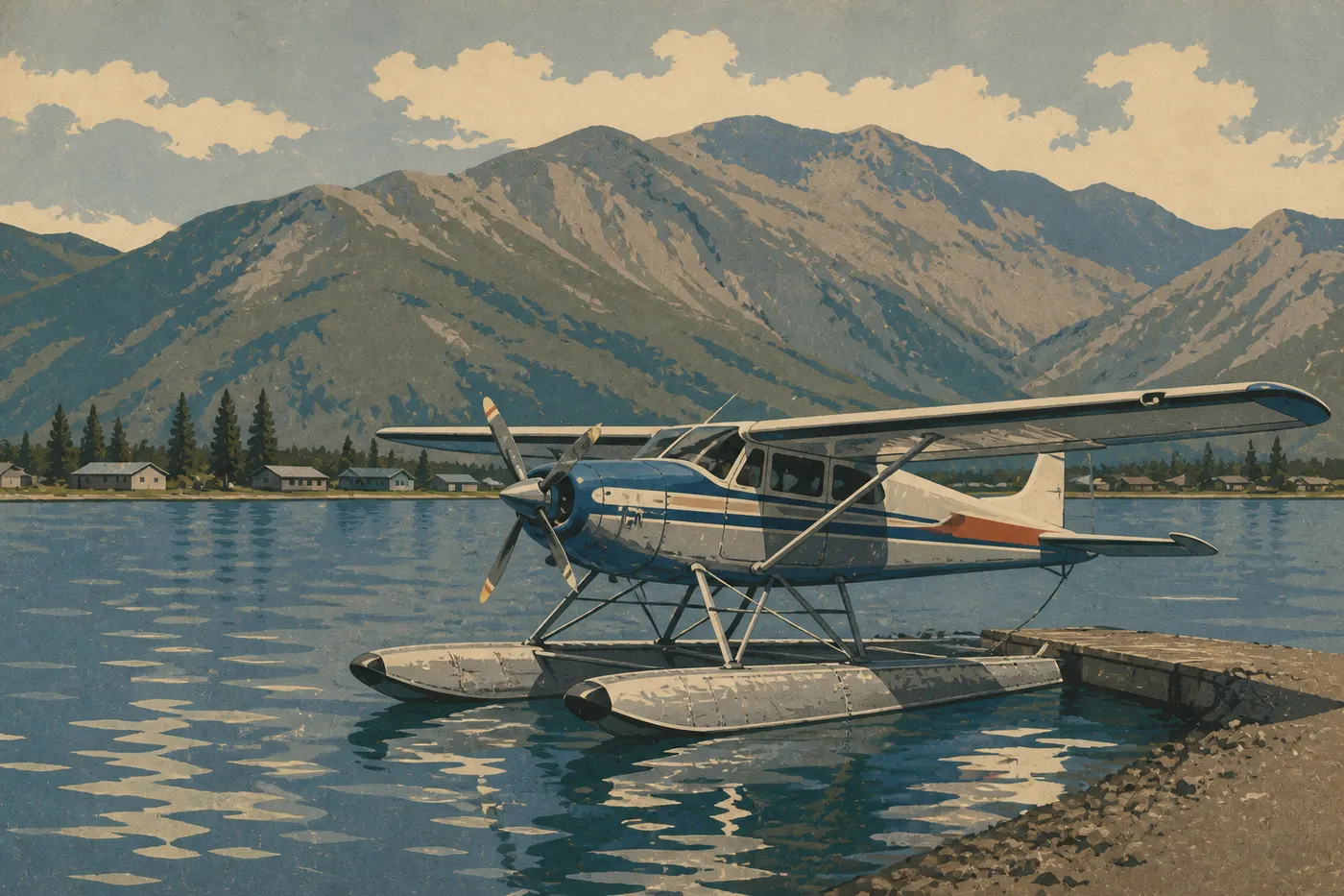 Illustration sérigraphiée : Un hydravion accoste devant Port Alsworth, avec le lac Clark et les montagnes en arrière-plan.