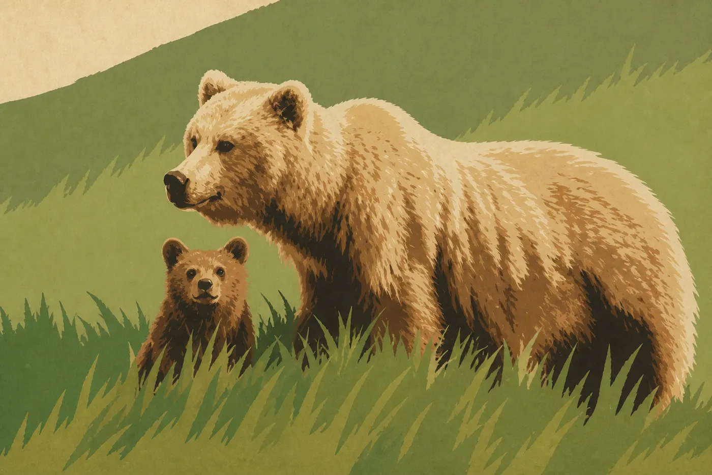 Screen-printed illustration: A brown bear emerges among the young grasses of Silver Salmon Creek after the spring thaw.