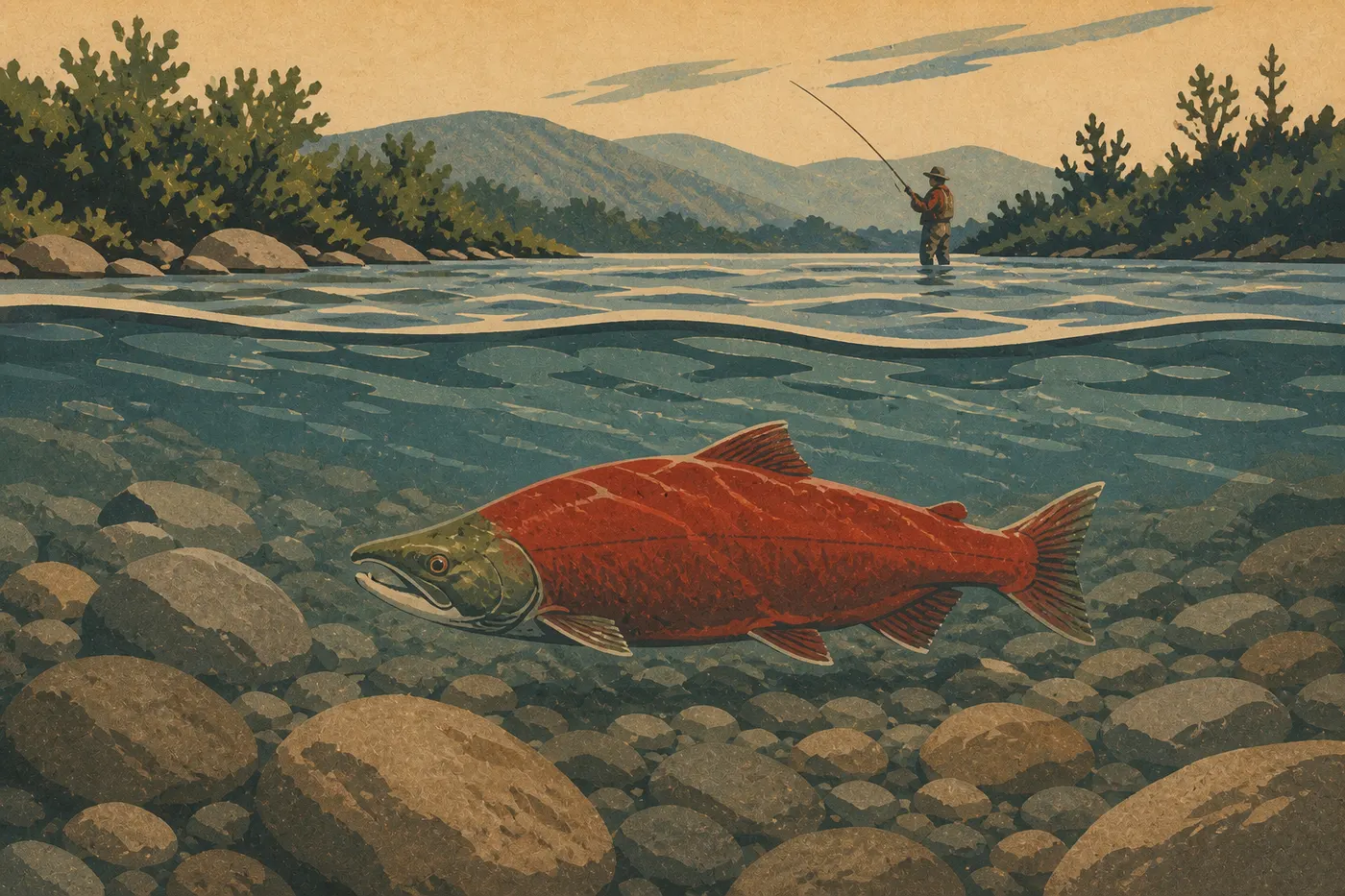 Illustration sérigraphiée : Un saumon rouge remonte les eaux claires de Crescent River sous le regard d’un pêcheur.