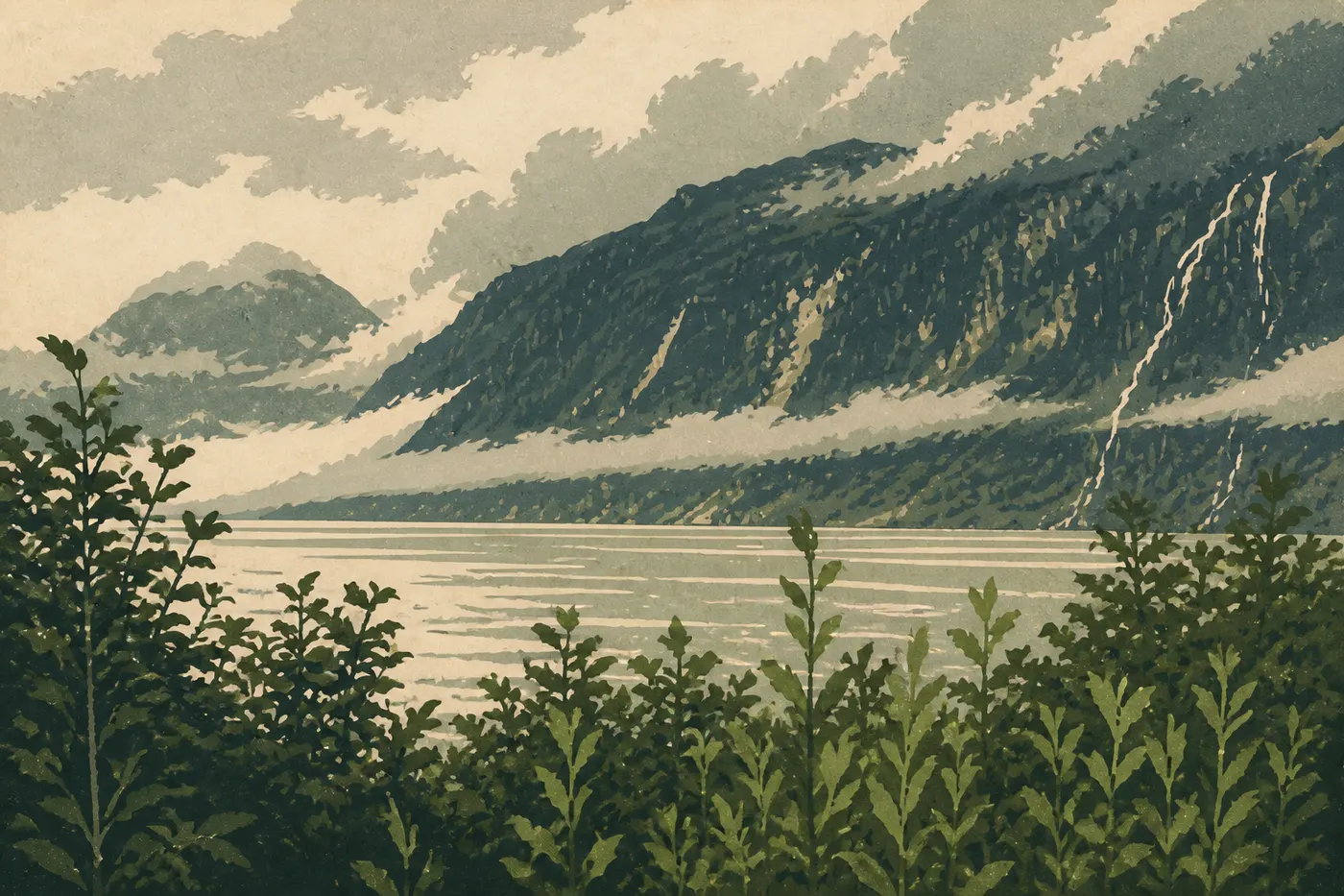 Illustration sérigraphiée : Des nuages bas et une pluie oblique enveloppent la côte du Cook Inlet et les monts Chigmit.