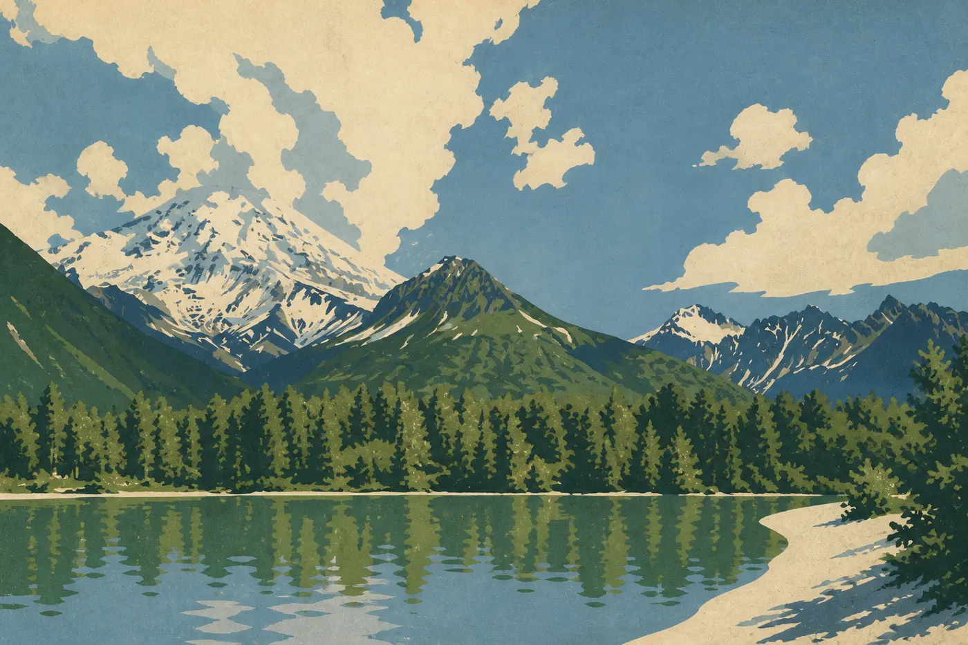 Illustration sérigraphiée : Le volcan Redoubt enneigé élève son panache au-dessus des reliefs sombres des monts Chigmit.