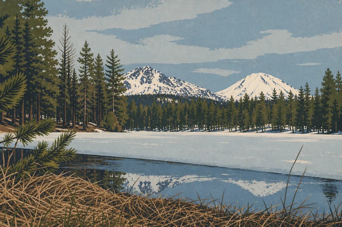 Illustration sérigraphiée : Entrée nord-ouest : Manzanita Lake et les dômes de lave